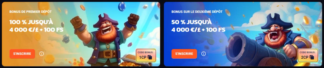 Bonus de bienvenue Crash Pirate France avec 100 % et 50 % jusqu’à 4 000 € et 100 tours gratuits